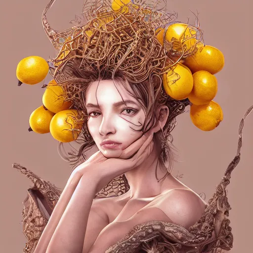 Image similar to the portrait of an absurdly beautiful, graceful, elegant, sophisticated, mature vixen made up of lemons looking up, an ultrafine hyperdetailed illustration by kim jung gi, irakli nadar, intricate linework, bright colors, octopath traveler, final fantasy, unreal engine 5 highly rendered, global illumination, radiant light, detailed and intricate environment