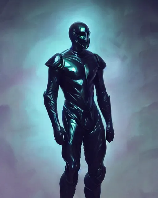 Image similar to character concept of iridescent sinewy smooth muscular male sleek glossy indigo black pearlescent scifi armor with smooth black featureless helmet, by greg rutkowski, mark brookes, jim burns, tom bagshaw, magali villeneuve, trending on artstation