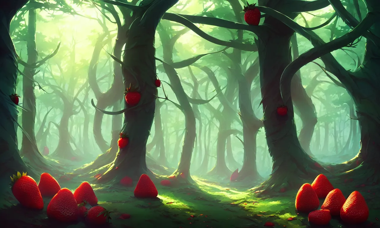 Image similar to Dark forest large strawberries, behance hd by Jesper Ejsing, by RHADS, Makoto Shinkai and Lois van baarle, ilya kuvshinov, rossdraws global illumination