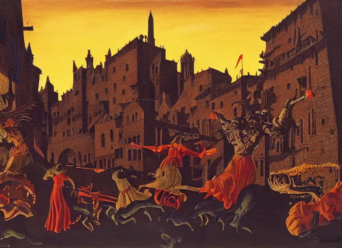 Prompt: shadow monsters invading a medieval market, golden hour, dramatic lighting, fluid, smooth, bright, colours, high contrast, sharpness, very detailed, intricate, by hildebrandt brothers, frazetta, giorgio de chirico and botticelli