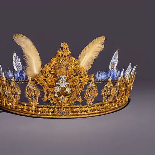Prompt: a wide full shot, russian and japanese mix 1 9 0 0 s historical fantasy of a photograph taken of a royal gold leaf tiara with intertwined white feathers, photographic portrait, warm lighting, from an official photographer from the royal museum. displayed in a museum.