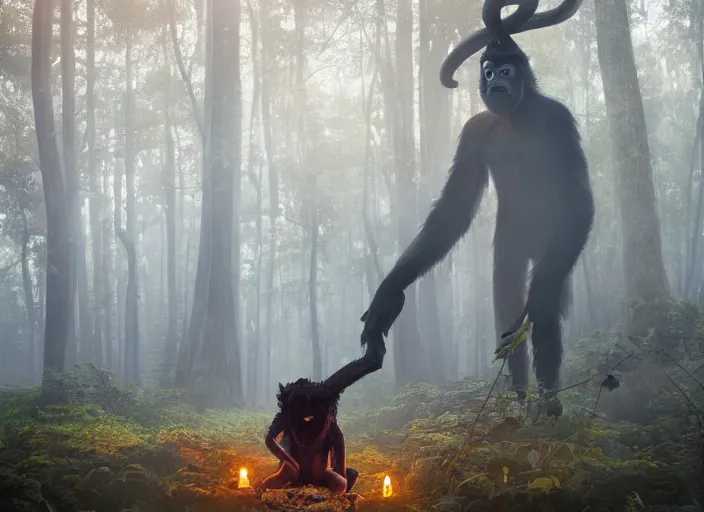 Prompt: a few safety cones in a beautiful strange forest, a man in a hairy gorrilla costume sri lankan yakka mahasohna devil beast in a mask stands in the center distance, cinematic painting by james jean, atomspheric lighting, moody lighting, dappled light, detailed, digital art, limited color palette, wes anderson, artstation, 2 4 mm lens, surreal