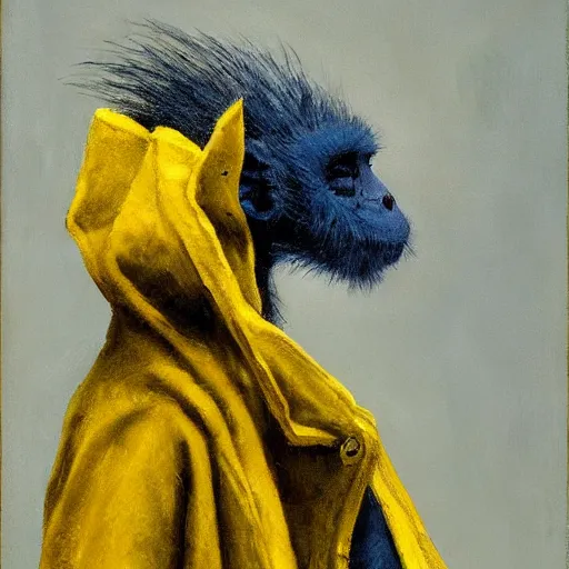 Image similar to long - eared monkey - crow creature wearing a raincoat, tonalist painting, prussian blue and azo yellow, dramatic lighting