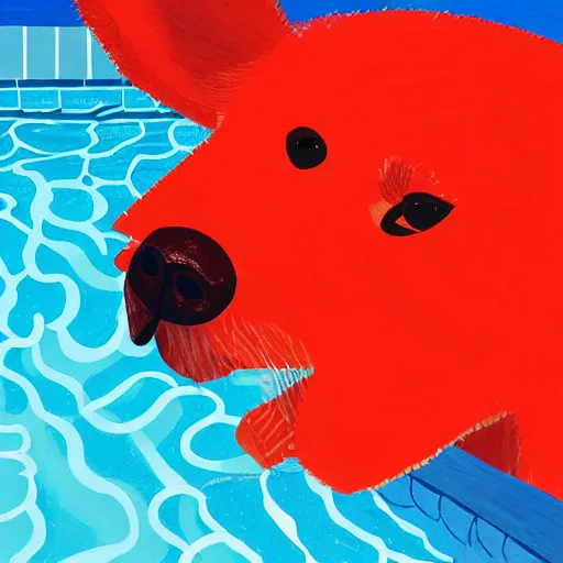 Image similar to close-up of a red dog at pool, painting by david hockney