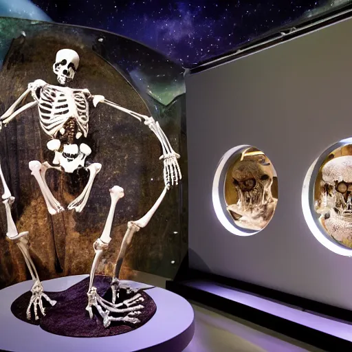 Image similar to a human skeleton museum exhibit in an alien spaceship with a window showing a dead planet Earth in the background