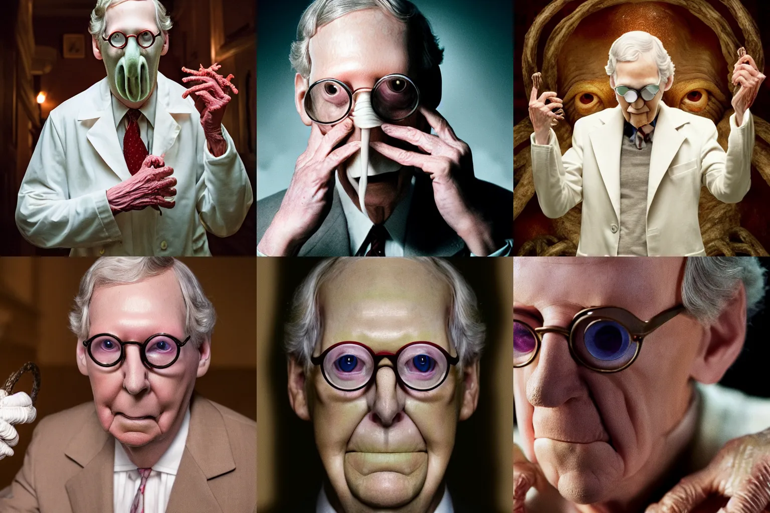 Prompt: character poster for Mitch Mcconnell as the Pale Man in Pan's Labyrinth, promotional material, 8k photography