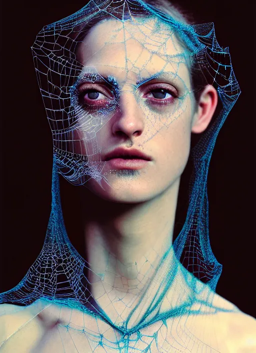 Image similar to Kodak Portra 400 of a beautiful woman, highly detailed, young robin write style 3/4 , fine art portrait photography by Paolo Roversi, face and body merging with opalescent spiderwebs with drops, elegant bust and neck with intricate spiderwebs details, symbolic metamorphosis complex 3d render , 150 mm lens, art nouveau fashion embroidered, elegant, hyper realistic, ultra detailed, octane render, soft colours scheme, emotionally evoking, head in focus, fantasy, soft blur background light, volumetric lighting, Refined, Highly Detailed, fine art fashion magazine style, 8k post production