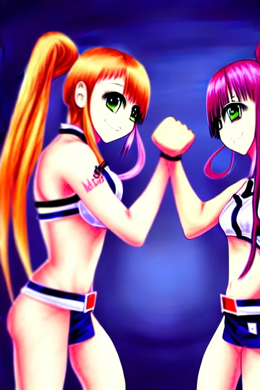 Image similar to two beautiful female fighters with pigtails facing each other, detailed anime art