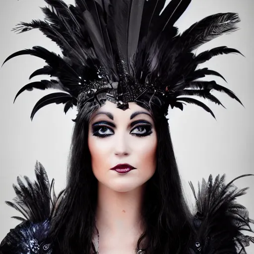 Prompt: Raven queen in a large raven-themed dress with feathers, high quality, portrait