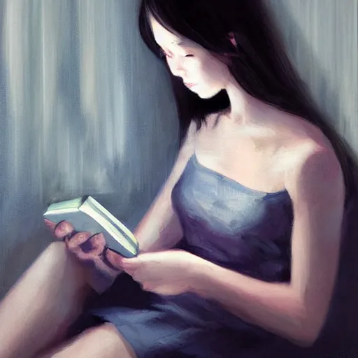 Image similar to a girl reading an e-book, night, portrait, by wlop