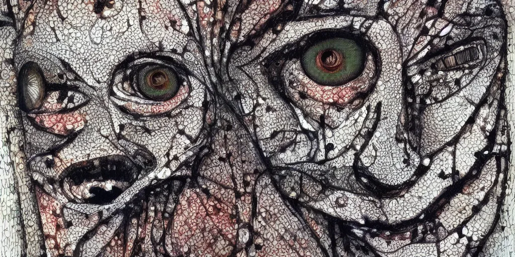 Image similar to camo of eyes, technical, acrylic, teeth, eerie, tribal, clay, dots, lines, stipple, points, grid, cybernetic, old painting, francis bacon, swirly eyes, hypnosis, eerie, sharp