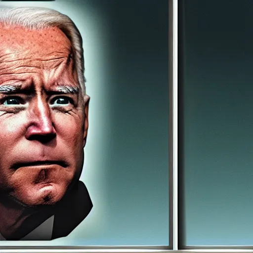 Prompt: dark setting, night time, I look at my window at night to see Joe Biden creepily staring through my window with very red eyes