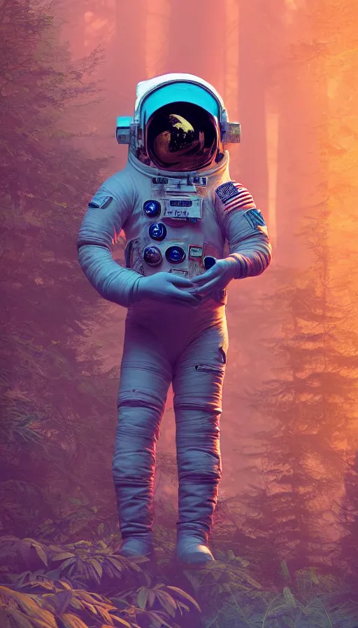 Image similar to american astronaut in the forest in orange and teal suite, plants environment wide angle cinematic lighting atmospheric realistic octane render highly detailed, octane render, in the style of craig mullins