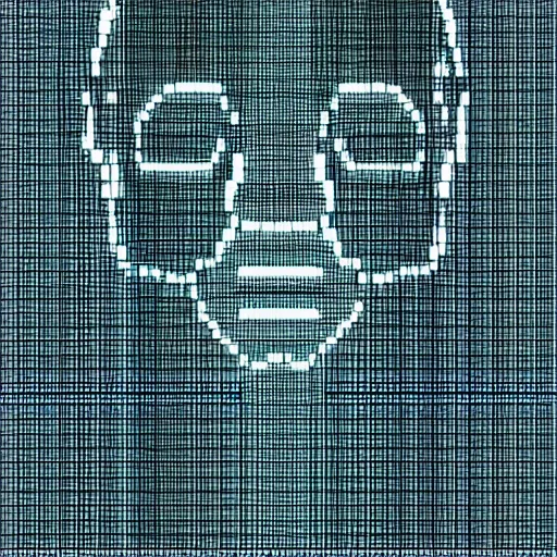 Image similar to ascii art of an artificial robot made in the shape of a man, human steel smooth face