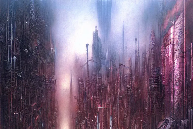 Prompt: cyberpunk future city by luis royo and wayne barlowe, beksinski