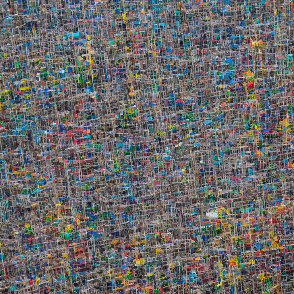 Prompt: a close - up view of a single high tower made up of various colourful makeshift squatter shacks, surrounded by collapsing construction material, sony a 7 r 3, f 2 2, fully frontal view, photographed by wolfgang tillmans, ultra detailed,