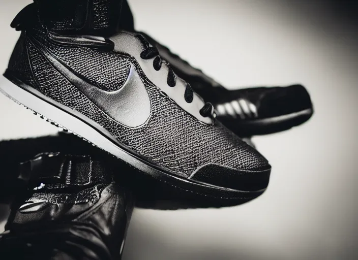 Image similar to product still of Darth Vader signature Nikes, 85mm f1.8