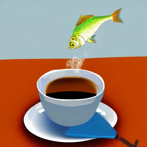 Image similar to a digital painting of a real fish drinking coffee