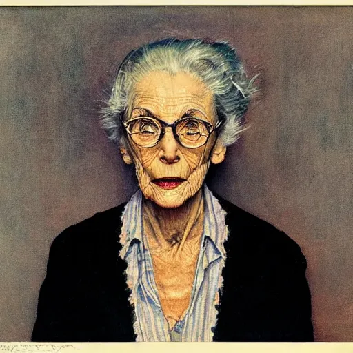 Image similar to frontal portrait of a wizened old witch. a portrait by norman rockwell.