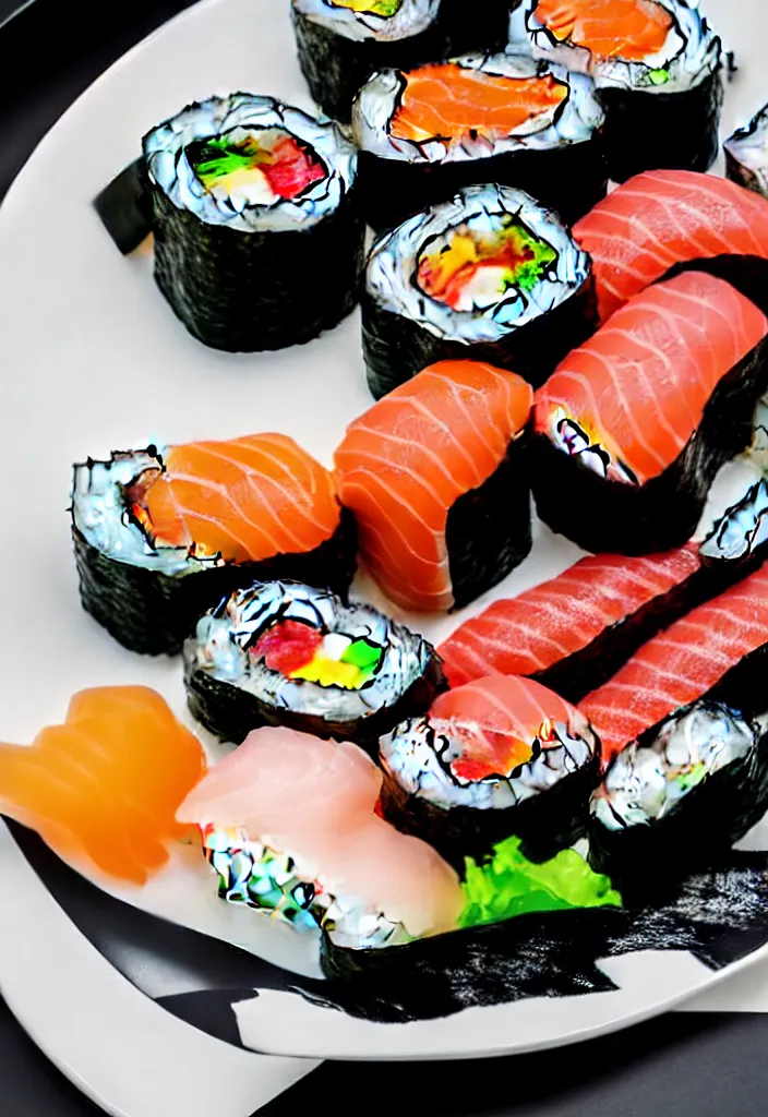 Image similar to extreme closeup of a single plate of sushi, hyper minimalist geometric 9 0 s graphic design in the style of buro destrukt and die gestalten verlag
