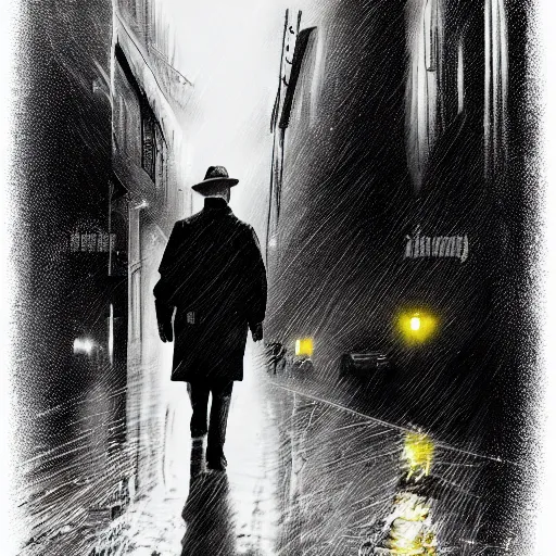 Image similar to A dramatic portrait painting of a man wearing yellow rain coat , walking in a black and white street . Cinematic lighting