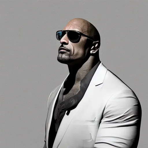 Prompt: The back view of Dwayne Johnson turning his head over at a 25 degree angle while wearing sunglasses and a white fedora and wearing a white blazer on a Bossa Nova album cover, realistic, 4k resolution, 8k resolution, HD Quality, highly detailed, very detailed, detailed, digital art, trending on artstation, in the style of Jamie Hewlett