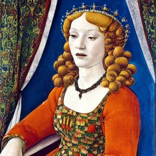 Prompt: portrait of a white labrododdle dressed as an italian queen, painting by botticelli, 1 4 8 0 s
