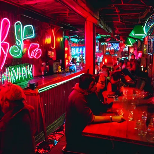 Image similar to a funky band playing at a small bar, red neon lights, good mood, people sitting in tables