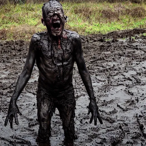 Image similar to 8 k photo of a horror villain stuck in mud, he is sad that his dark clothes are muddy.