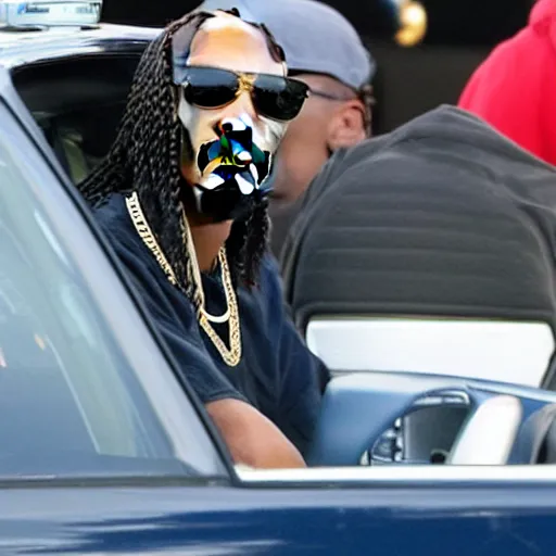 Image similar to Snoop Dogg is sitting in a police car wearing a cap C-11