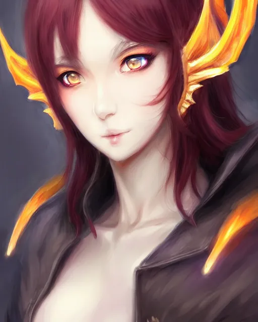 Prompt: character concept art of a woman with fire dragon horns and wings | | very anime, dragon scales, cute - fine - face, pretty face, realistic shaded perfect face, fine details by stanley artgerm lau, wlop, rossdraws, james jean, andrei riabovitchev, marc simonetti, and sakimichan, trending on artstation