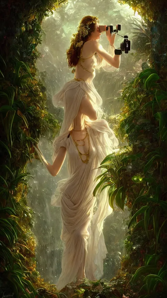 Image similar to hyper realistic photographer looking through a vintage medium format camera, taking pictures, magic pouring from lens, fantasy castle, full body waterfall water dress, design on white background, beautiful details, lush foliage cyberpunk, gold, drawn by john singer sargent, tom bagshaw, norman rockwell, alphonso mucha, lolish, trending on artstation