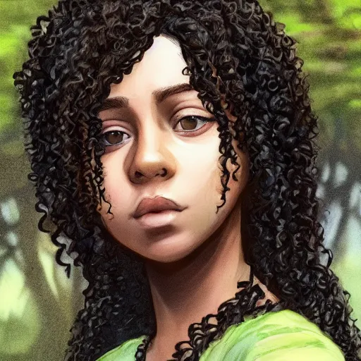 Prompt: A brown girl with black curly hair in a forest, highly detailed, artstation, 8k,