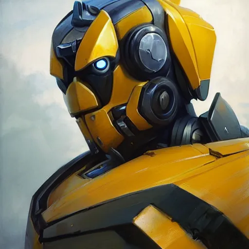 Image similar to greg manchess portrait painting of bumblebee the transformer as overwatch character, medium shot, asymmetrical, profile picture, organic painting, sunny day, matte painting, bold shapes, hard edges, street art, trending on artstation, by huang guangjian, gil elvgren, ruan jia, greg rutkowski, gaston bussiere