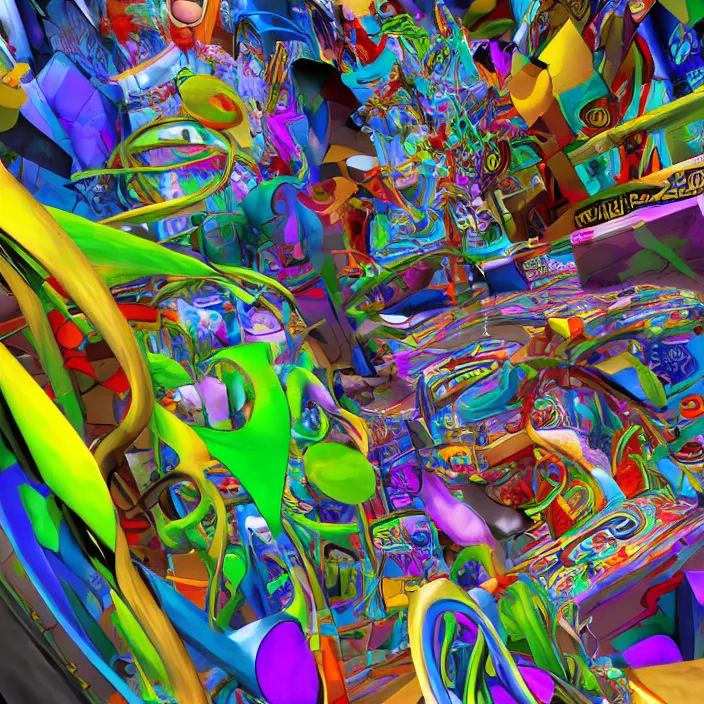 Image similar to graffiti twisted forms, inside the weird multicolored 3 d graffiti realm, high definition image, ps 2 graphics, ps 2 screenshot, computer render, extremely detailed and intricate