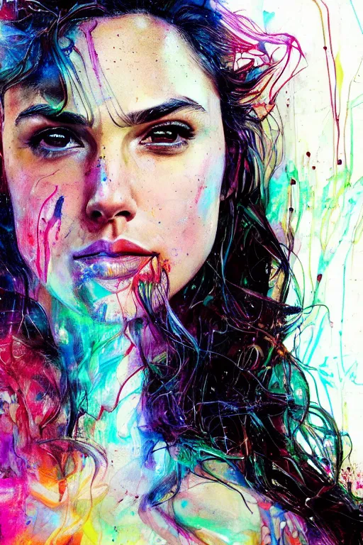 Image similar to gal gadot by agnes cecile enki bilal moebius, intricated details, sitting on table, full body portrait, extremely luminous bright design, pastel colours, drips, autumn lights