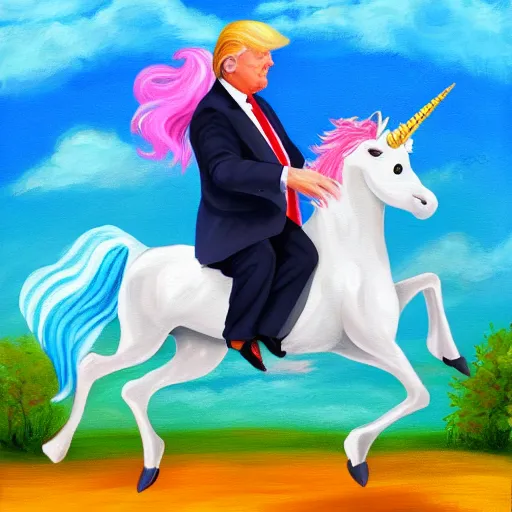 Image similar to a realistic painting of donald trump riding a rainbow unicorn