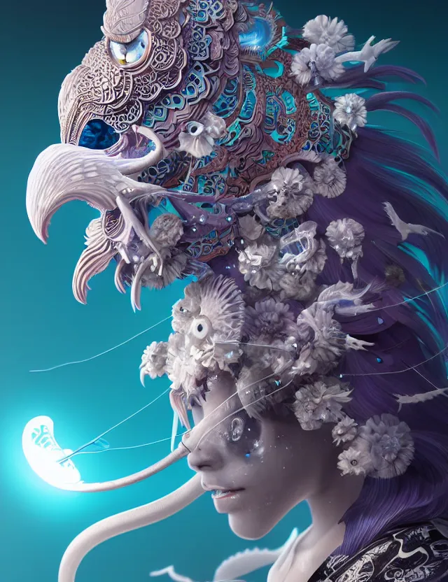 Image similar to 3 d goddess close - up profile solarpunk portrait ram skull. beautiful intricately detailed japanese crow kitsune mask and clasical japanese kimono. betta fish, jellyfish phoenix, bio luminescent, plasma, ice, water, wind, creature, artwork by tooth wu and wlop and beeple and greg rutkowski