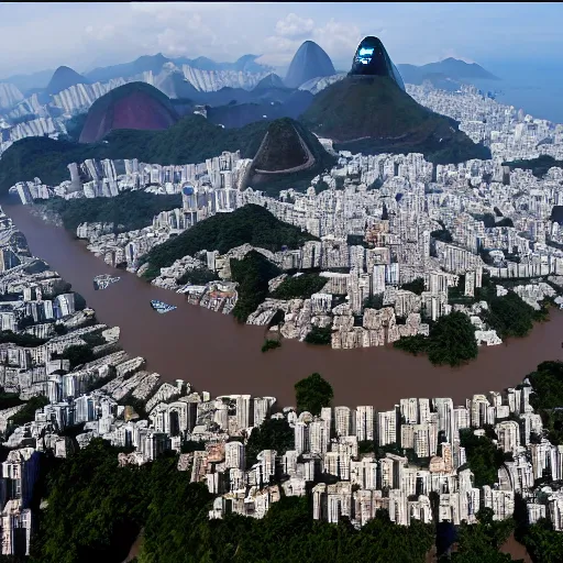 Image similar to aerial photo of rio de janeiro with a flood of 6 0 meters high, realistic, 4 k