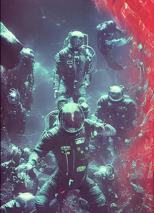 Image similar to astronauts in dark and empty void underwater - complex and hyperdetailed technical suit. reflection and dispersion materials. rays and dispersion of light. volumetric light. 5 0 mm, f / 3 2. noise film photo. flash photography. ultra realistic, wide angle. poster by wayne barlowe, hajime sorayama aaron horkey, craig mullins