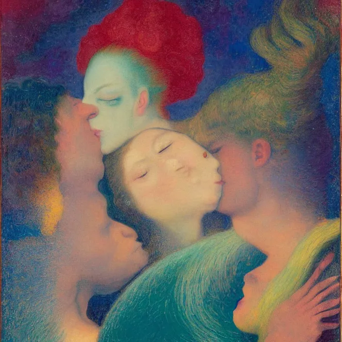 Image similar to close portrait of woman and man kissing. aurora borealis. iridescent, psychedelic lapis - lazuli, turquoise colors. painting by jan van eyck, agnes pelton, utamaro, monet