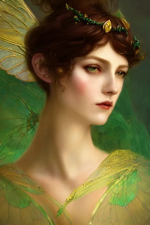 Image similar to a portrait of elegant beautiful queen of the dark fairies, gossamer wings, gold-green eyes, illustration, dramatic lighting, soft details, painting oil on canvas, art nouveau, octane render, HDR, 4k, 8k, HD, by Edmund Blair Leighton, Brom, Charlie Bowater, trending on artstation, faces by Otto Schmit