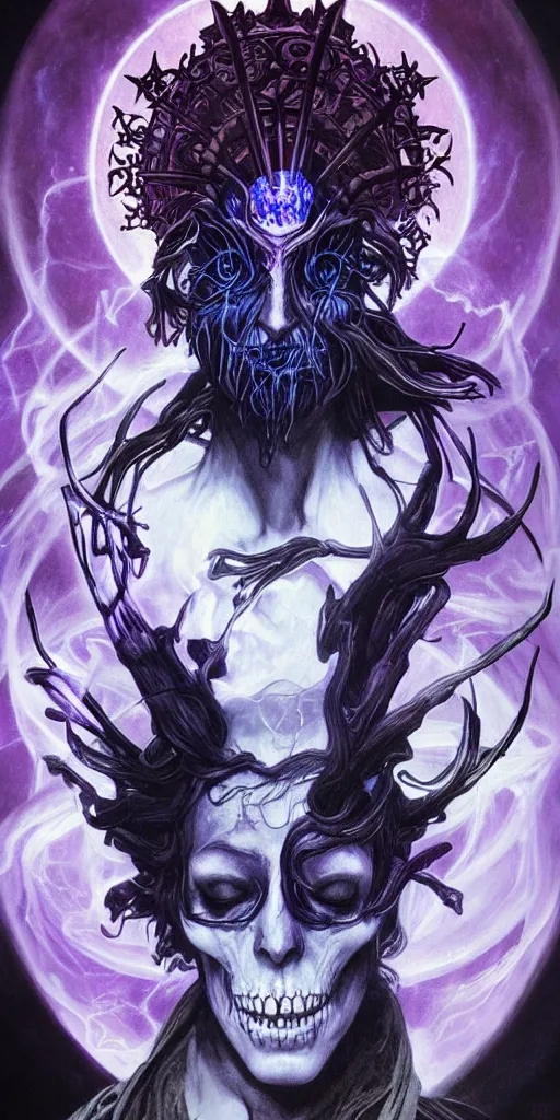 Image similar to intense glowing black metal pagan god with horns and veins and intense glowing eyes and a skull in very dark cosmic space by karol bak and artgerm and alphonse mucha, portrait, fantasy, clear, light beams, lens flare, intense, uhd, amazing depth, cinematic lighting, purple and violet and indigo and blue