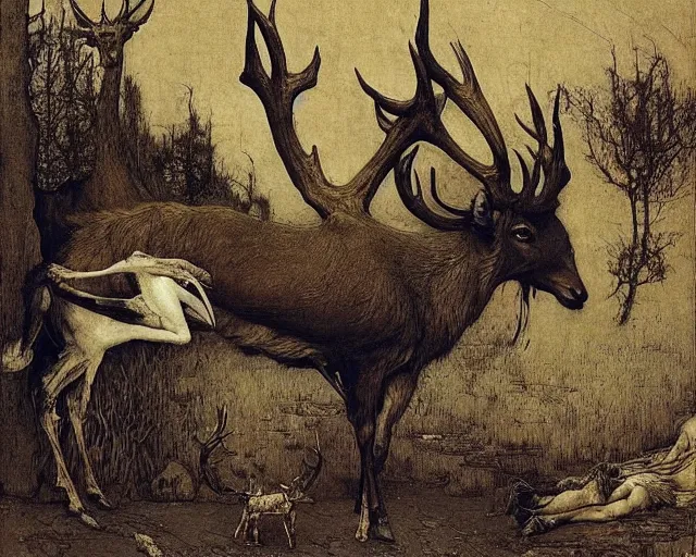 Prompt: Lama, Deer, Dog, Horse combined; fantastic sick damned mutant beast infected exposed damaged skin inflated blisters by Beksinski, Arthur Rackham, Eugene de Blaas, Frederic Leighton, Hans Thoma, Asher Brown Durand