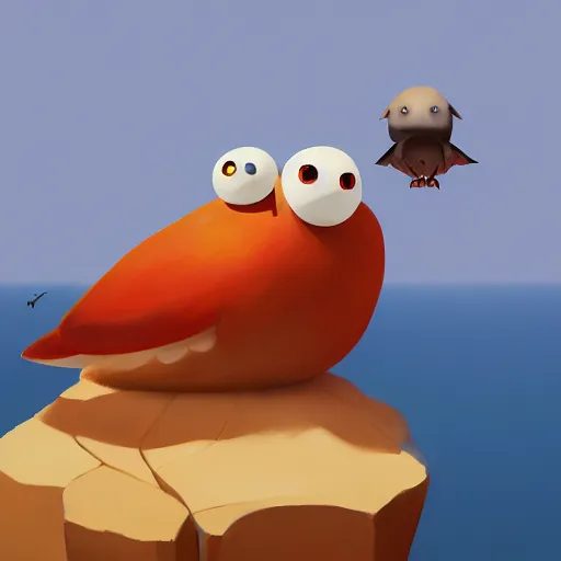 Prompt: goro fujita ilustration a milvus migrans on top of a large mountain overlooking the sea, round characters with two eyes, painting by goro fujita, sharp focus, highly detailed, artstation