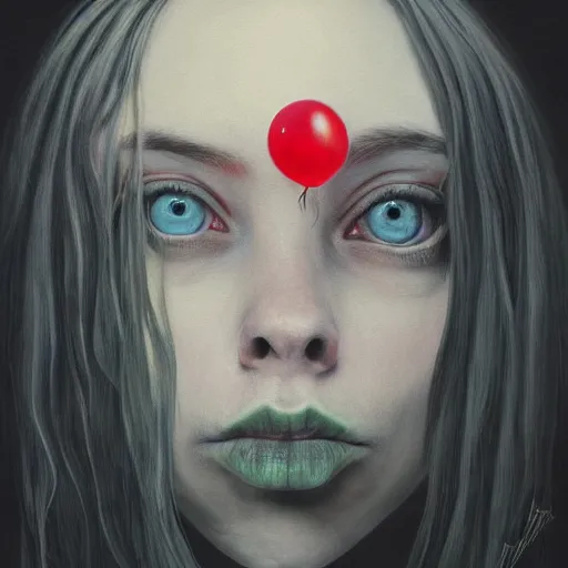 Prompt: painting of Billie eilish with a wide smile and a red balloon by Zdzisław Beksiński, loony toons style, pennywise style, corpse bride style, creepy lighting, horror theme, detailed, elegant, intricate, conceptual, volumetric light
