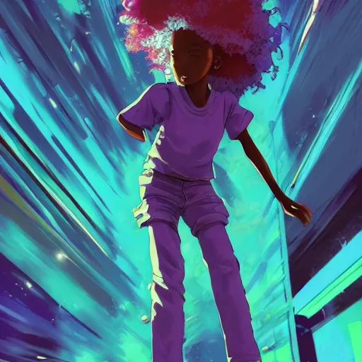 Prompt: ( a young black girl with a nebula afro ), skateboarding in a synthwave city, trending on pixiv fanbox, painted by makoto shinkai takashi takeuchi studio ghibli, akihiko yoshida, yoshitaka amano, wangechi mutu, clean cel shaded vector art, synthwave colors, illustration, hd, 8 k