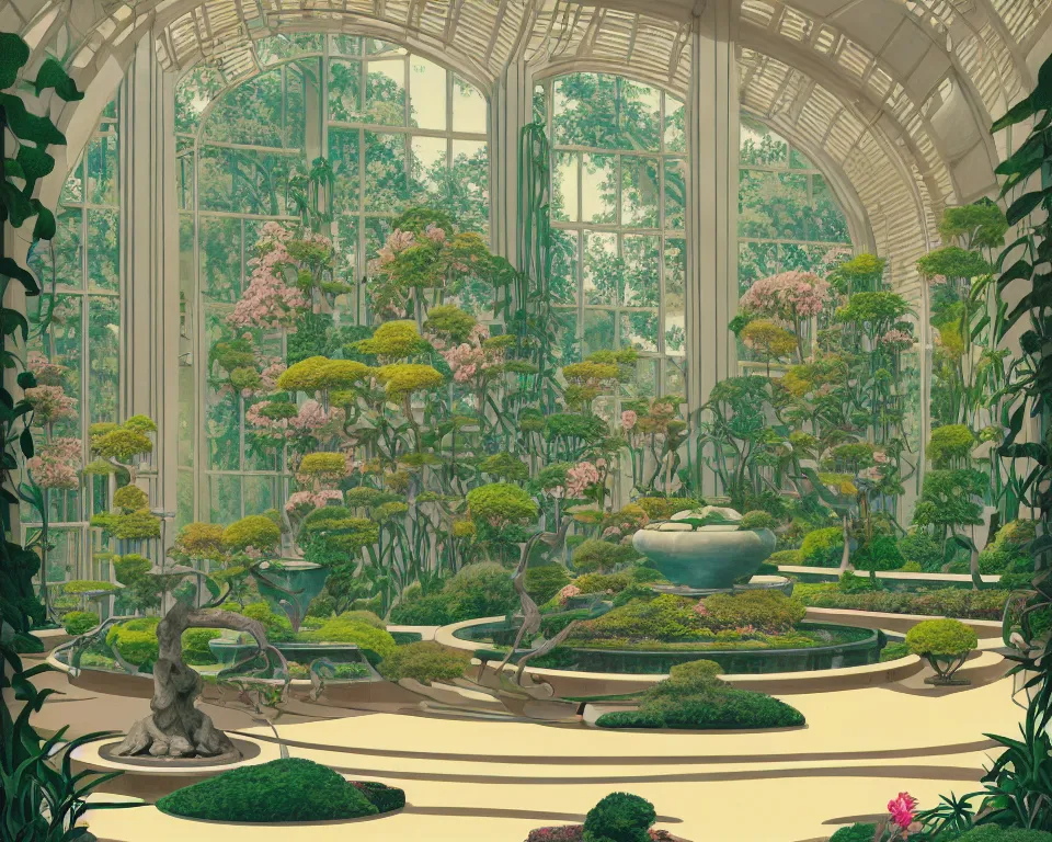 Prompt: an achingly beautiful print of the interior of a glass-walled Art Deco botanic garden, featuring flowing sculptured fountains, bonsai trees, and classical antiquities by Raphael, Hopper, and Rene Magritte. detailed, romantic, enchanting, trending on artstation.