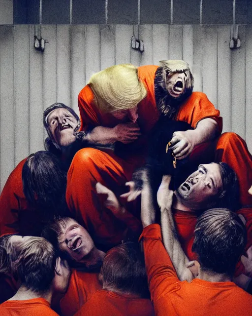 Prompt: Medium shot photo of eagles biting Donald Trumps head in jail, wearing orange pajamas, octane, dramatic lighting, editorial photo, 35mm, very detailed