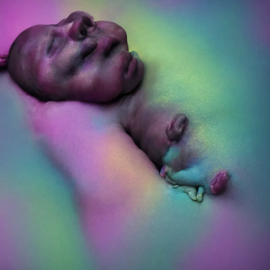 Prompt: cinestill close - up of iridiscent oil slick corpses connected by tubes to wax technical forms to a buried baby relaxing on yoga mat, faded, iridiscent gradient, purple fog, depth of field, blur, very detailed, by nadav kander and hans bellmer, 8 k, ultrarealistic, sad atmosphere, cinematic, 8 5 mm lens